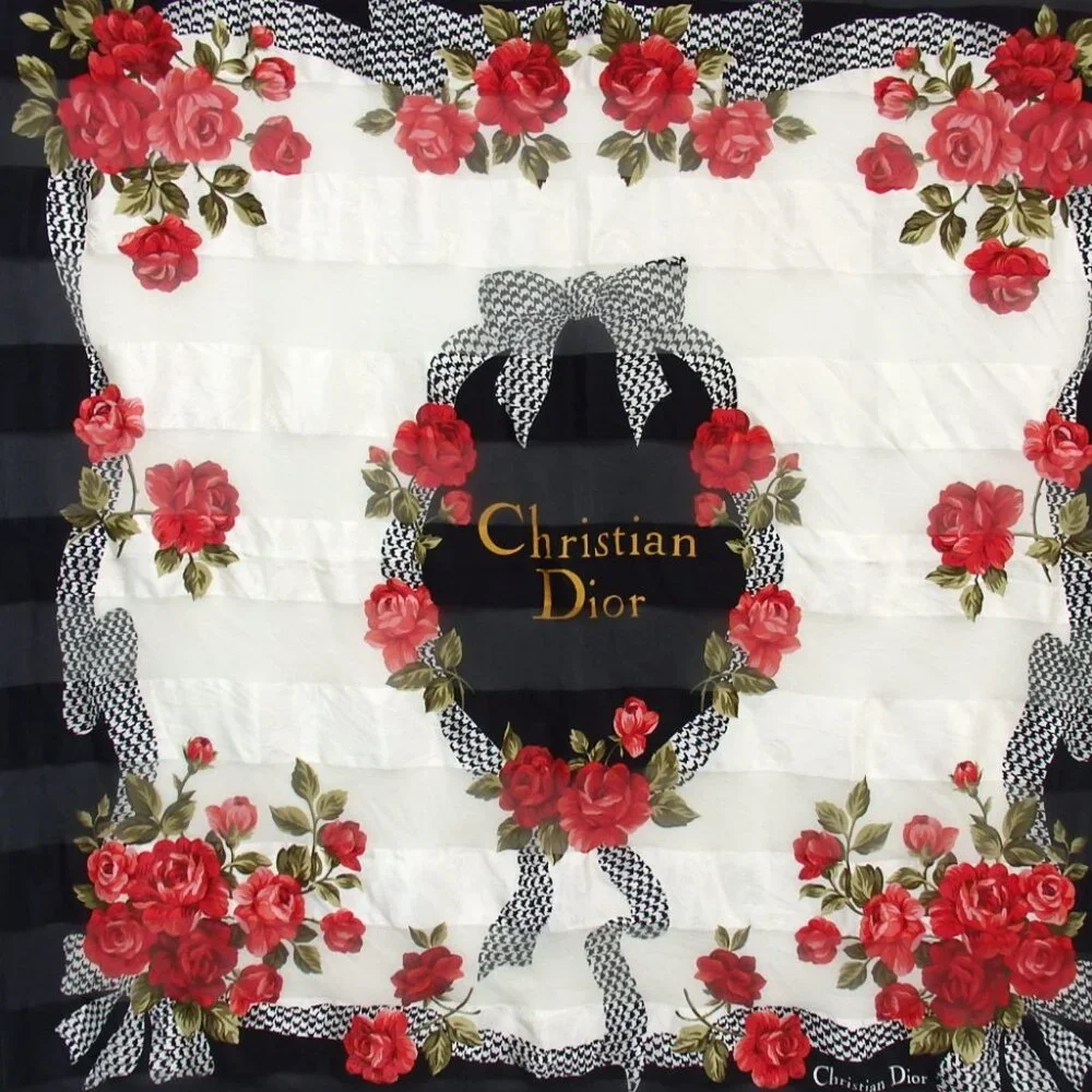 Authentic Christian Dior Rose pattern scarf silk [Used]